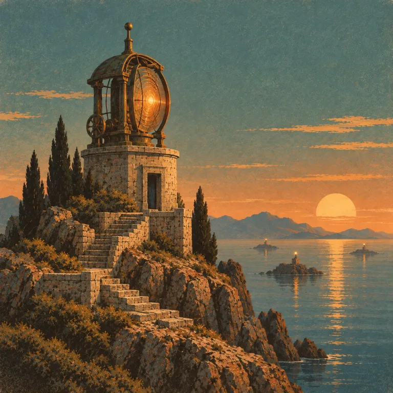 A brass signal beacon above a quiet sea at sunset
